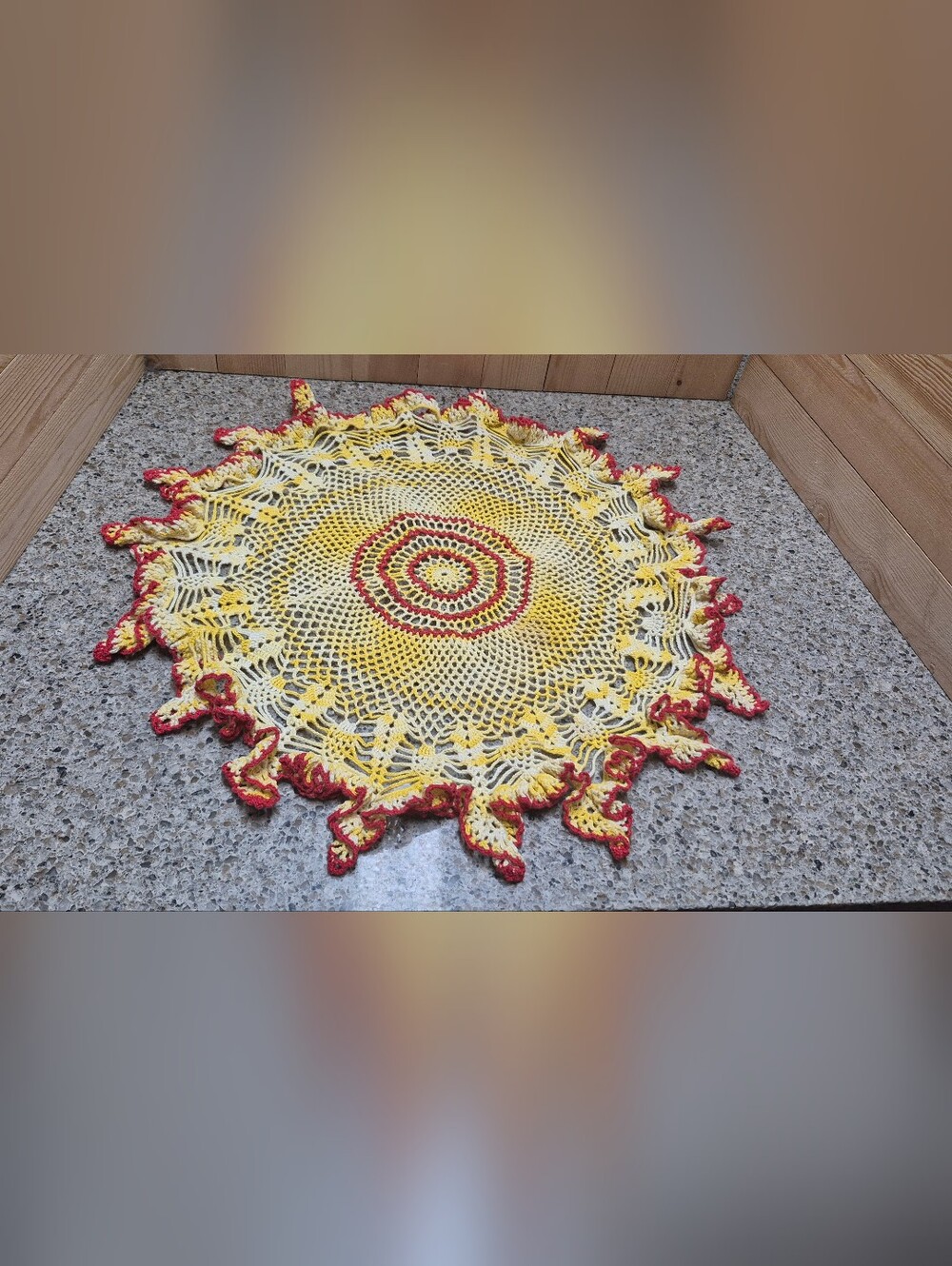 Vtg Handmade Crochet Doily Round Yellow Red Pineapple Points Table Topper 19"
